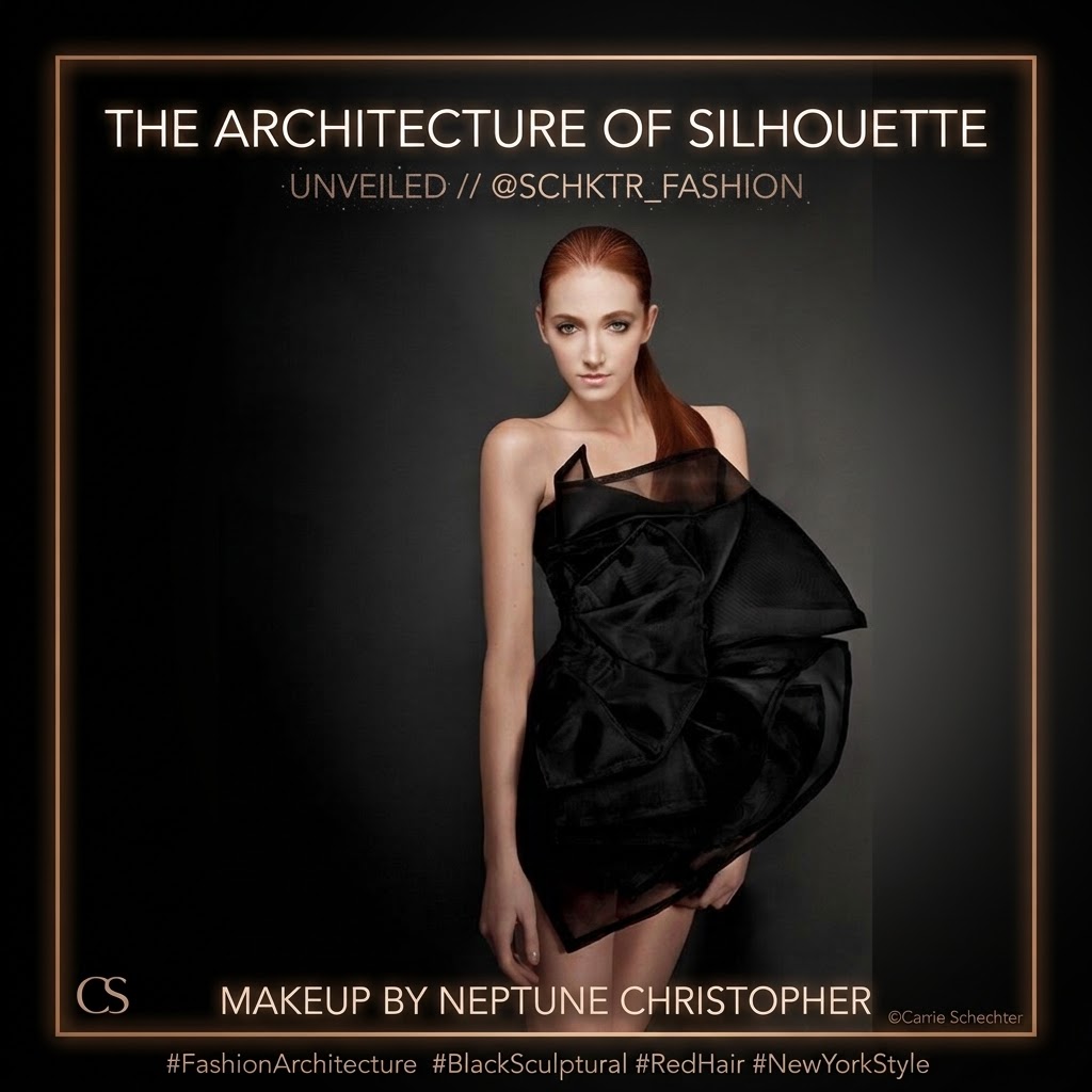 Fashion editorial with clean luminous skin and sculptural black styling