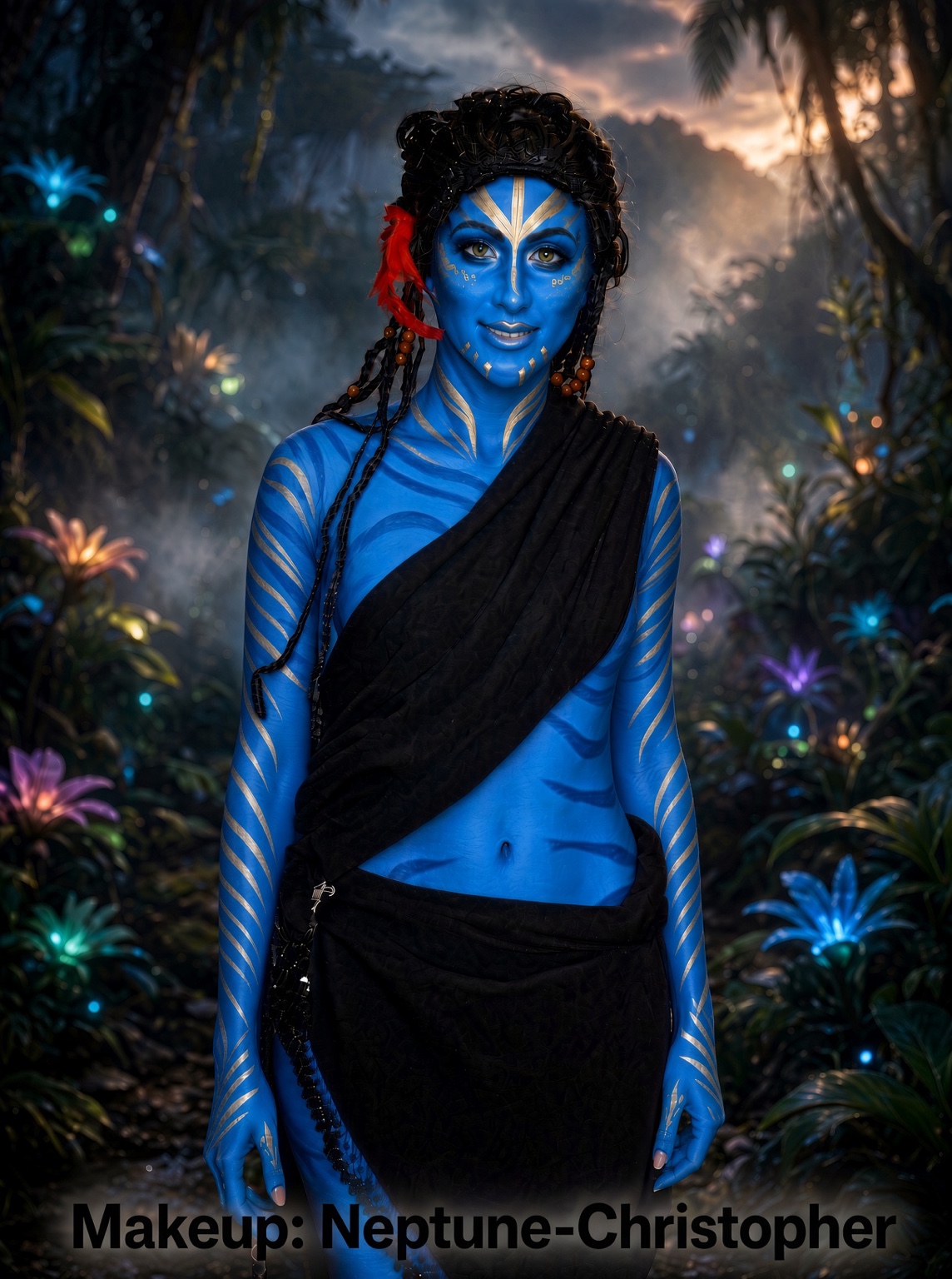 Blue fantasy character makeup with graphic gold detailing